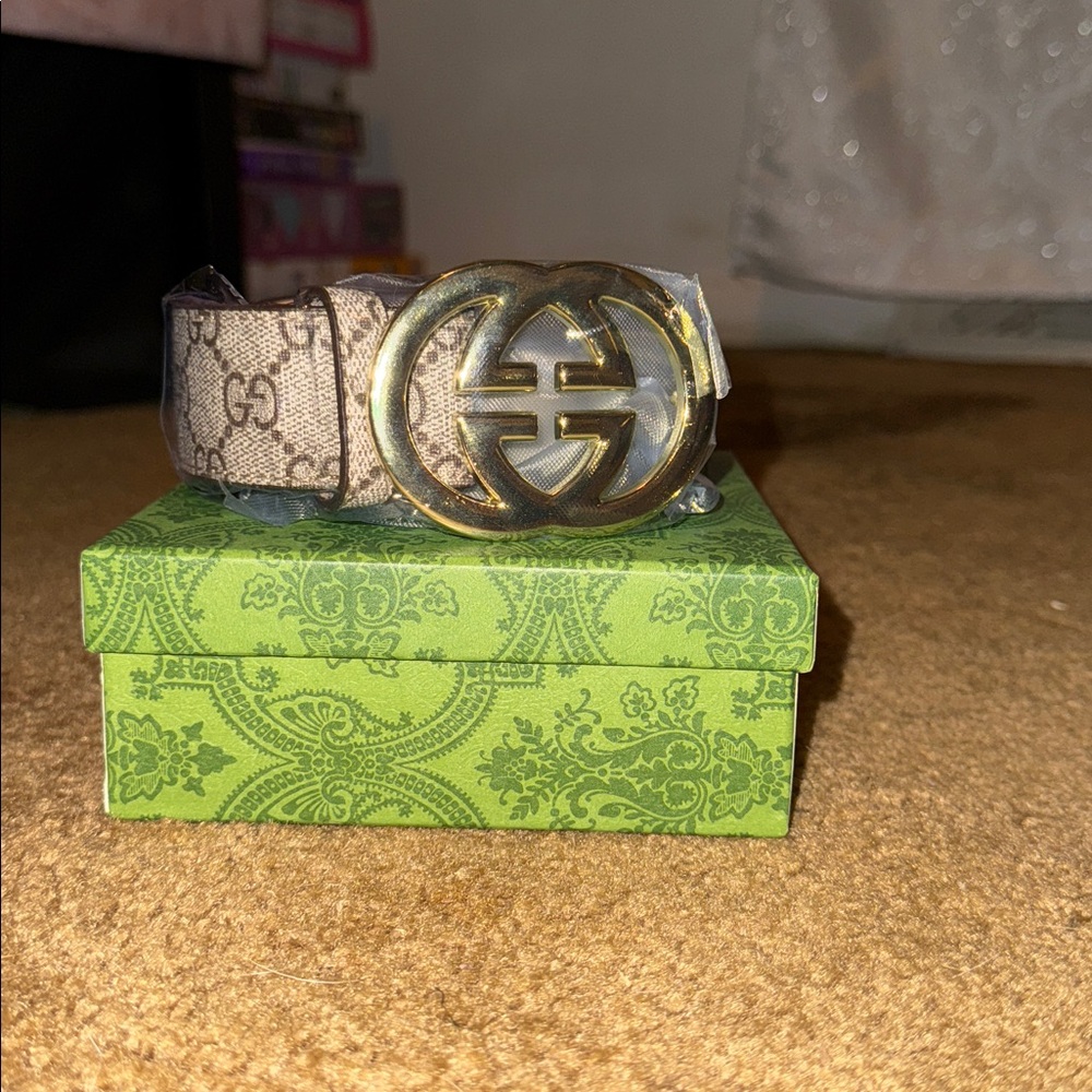Gucci Beige Pattern Belts with Gold GG Buckle